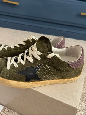 Golden Goose Olive Suede Low-Top Sneakers with Black Star and Purple Heel